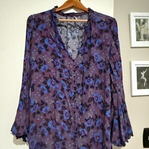 Free People Blue and Purple Flutter Sleeve Mini Dress